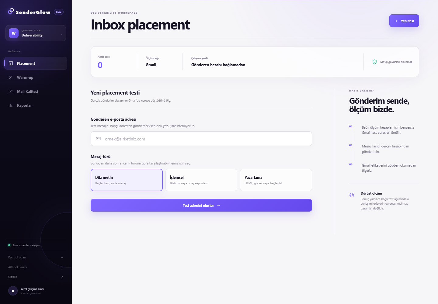 SenderGlow inbox placement çalışma alanı