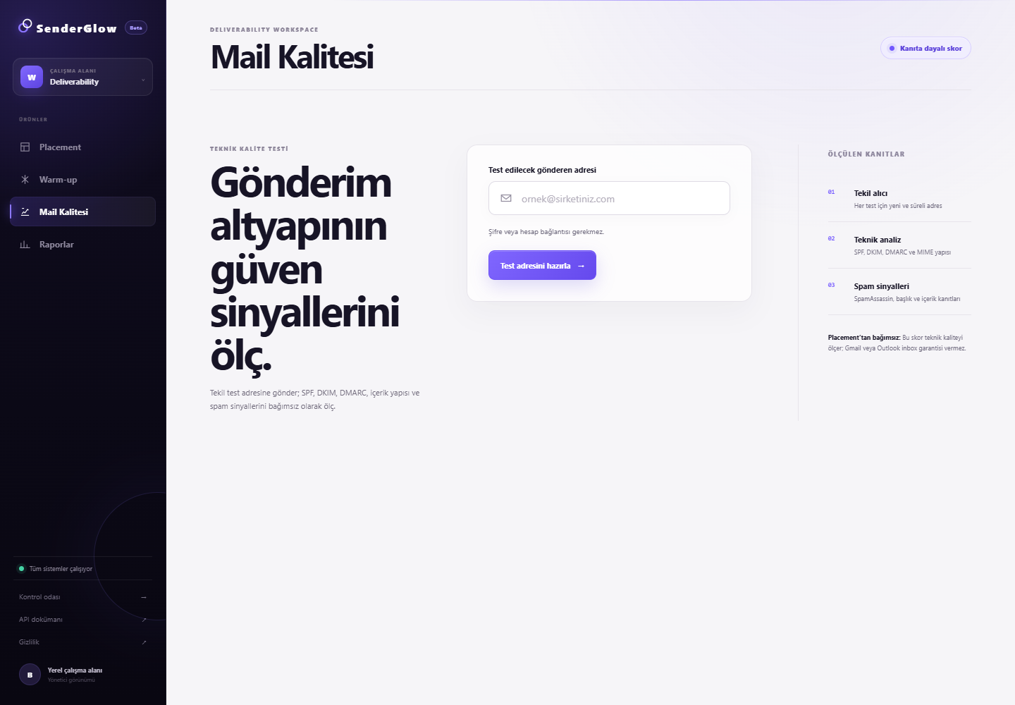 SenderGlow mail kalitesi analiz ekranı